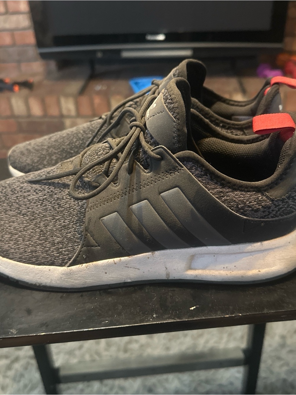 adidas Grey Knit Athletic Sneakers with Red Heel Tab